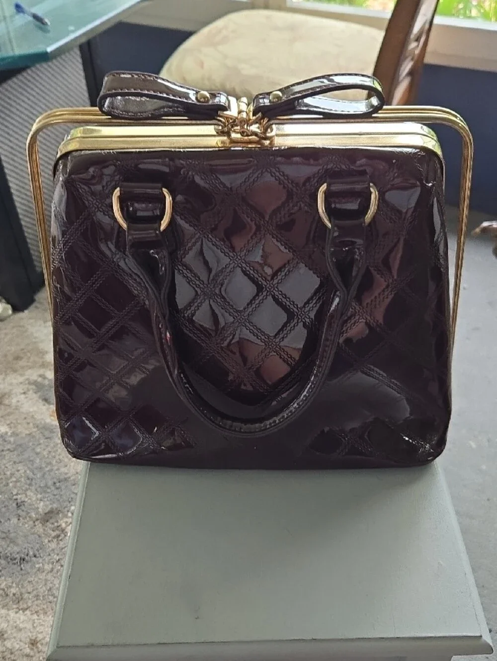 Gloss Quilted Satchel Bag in Dark Brown with Gold Frame